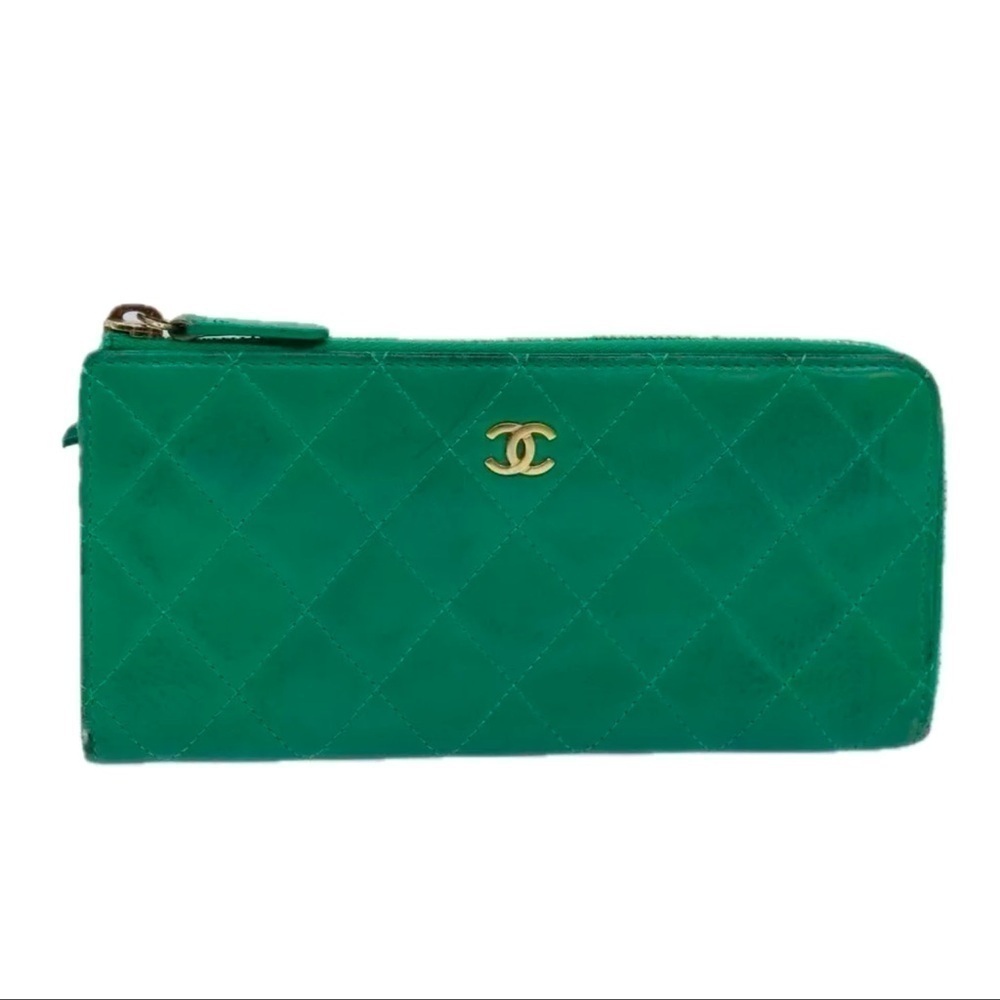 CHANEL Matelasse Long Wallet Lamb Skin Green CC Auth yk12983